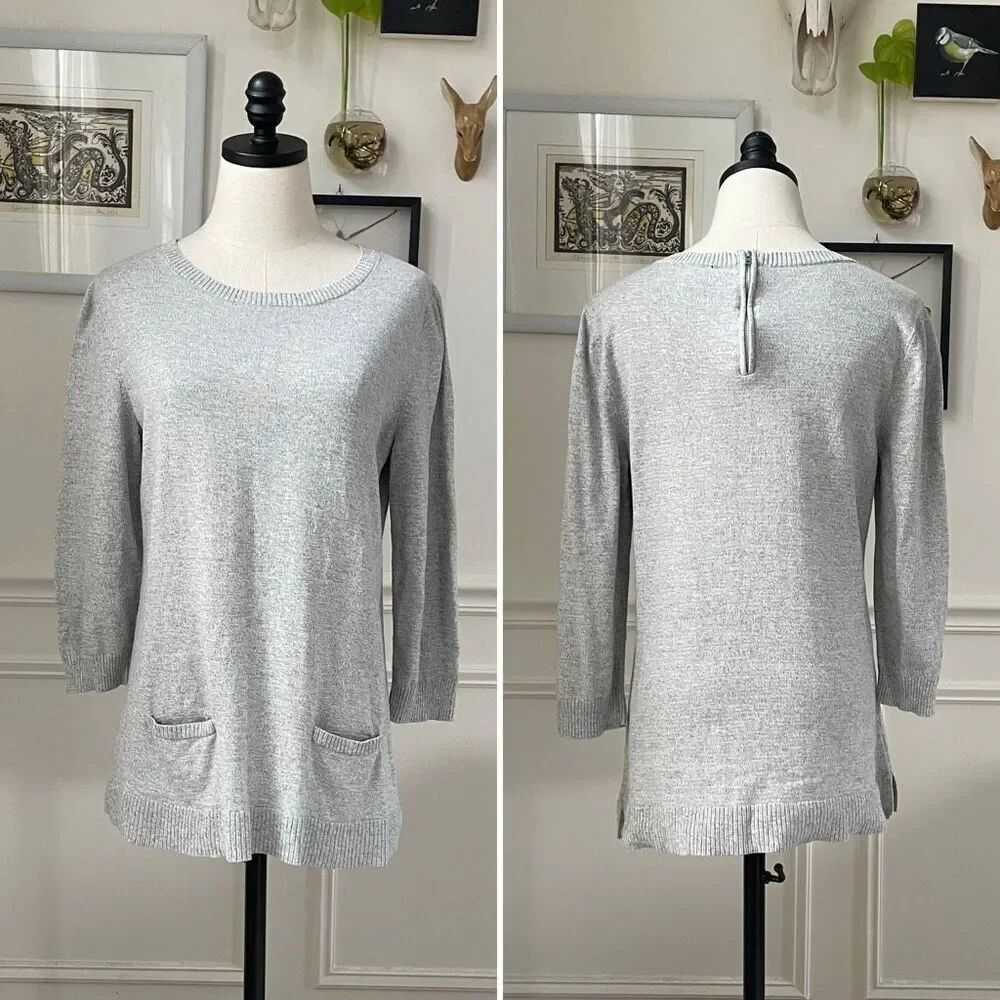 Talbots Grey Tunic Sweater Welt Pockets Back Neck Zip M